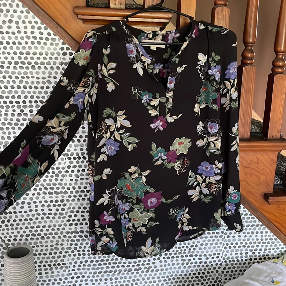 Loft xs black flowered blouse